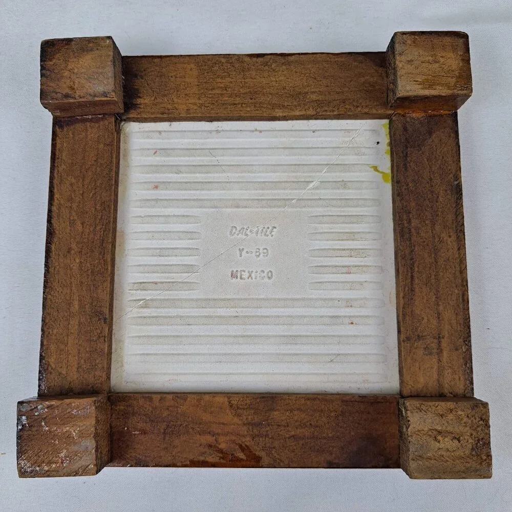 Vintage Red White Mexican Tile Wood Framed Trivet Feet Decor Decoration Kitchen